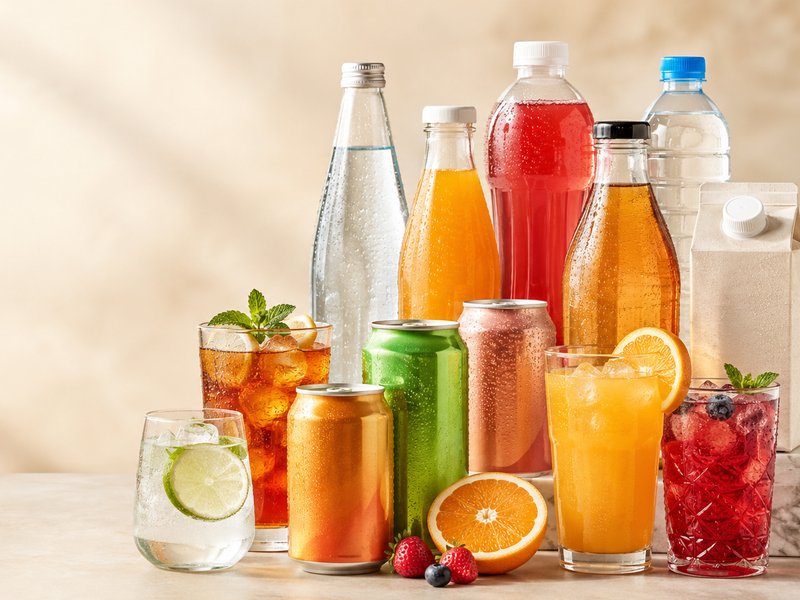 Beverages — assorted bottles, cans and glasses of soft drinks and juices