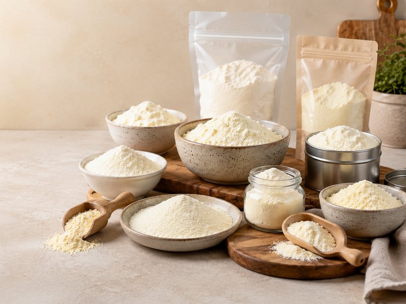Dairy — bowls and pouches of milk powder and dairy products