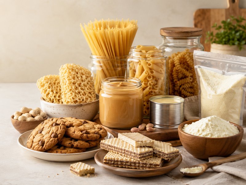 Food and staples — pasta, cookies, peanut butter and pantry goods on a light backdrop