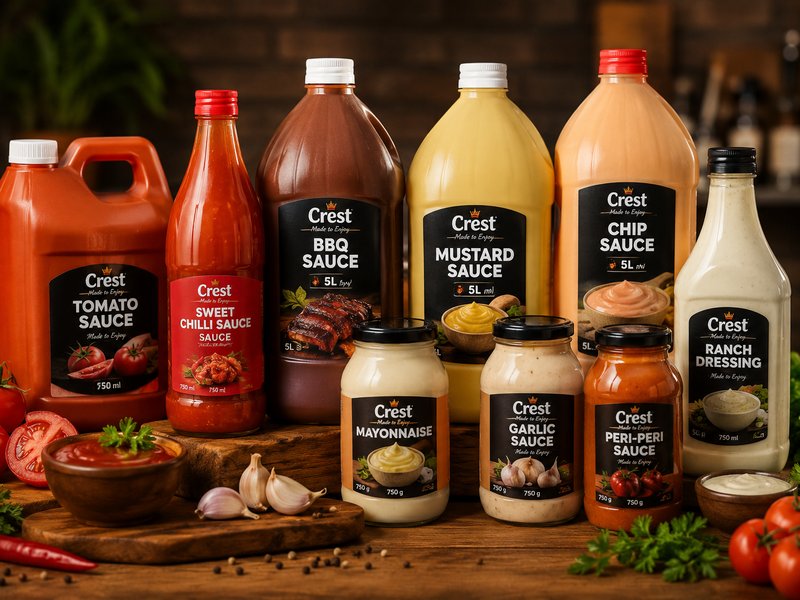 Sauce — a row of Crest branded sauces including tomato, BBQ, mustard and mayonnaise