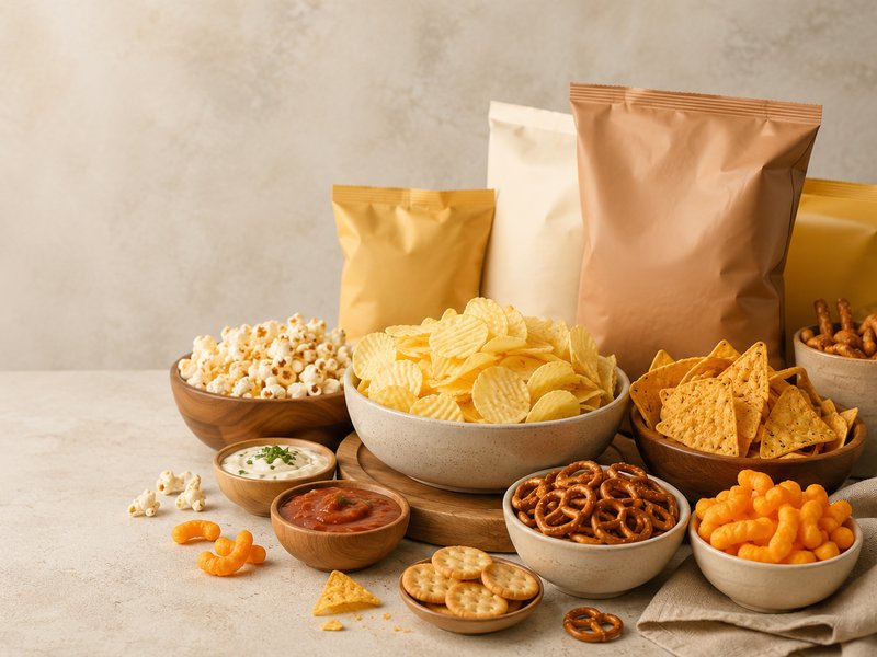 Snacks — bowls of chips, popcorn, pretzels and crackers